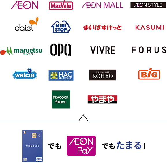 AEON MaxValu AEON MALL AEON STYLE daiei MINI STOP まいばすけっと KASUMI maruetsu OPA VIVRE FORUS welcia 薬HAC KOHYO BiG PEACOCK STORE やまや イオンカードでもAEON Payでもたまる!