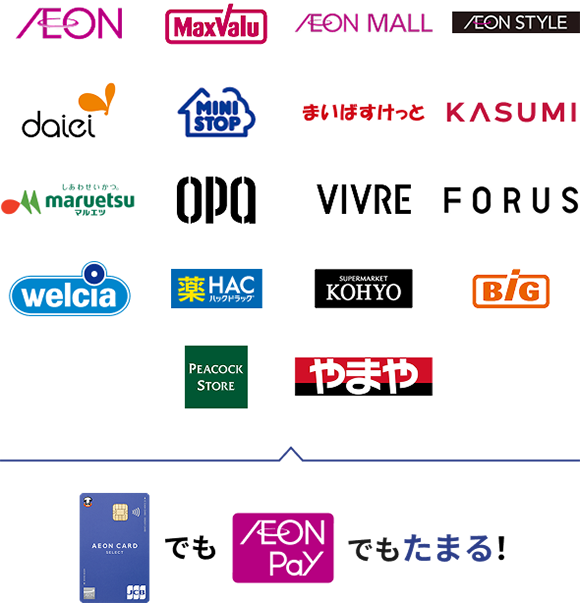 AEON MaxValu AEON MALL AEON STYLE daiei MINISTOP まいばすけっと KASUMI しあわせいかつ。 maruetsu マルエツ OPA VIVRE FORUS welcia 薬HAC KOHYO BiG PEACOCK STORE やまや イオンカードでもAEON Payでもたまる！