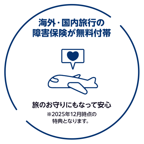 海外・国内旅行の障害保険が無料付帯 旅のお守りにもなって安心 ※2025年12月時点の特典となります。