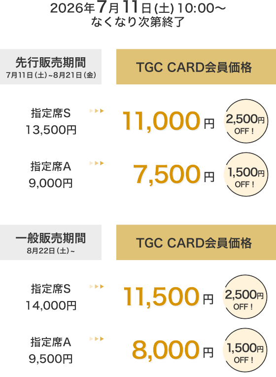 2026年7月11日(土)10:00～なくなり次第終了 先行販売期間 7月11日(土)～8月21日(金) TGC CARD会員価格 指定席S 13,500円→11,000円 2,500円OFF！ 指定席A 9,000円→7,500円 1,500円OFF！ 一般販売期間 8月22日(土)～ TGC CARD会員価格 指定席S 14,000円→11,500円 2,500円OFF！ 指定席A 9,500円→8,000円 1,500円OFF！