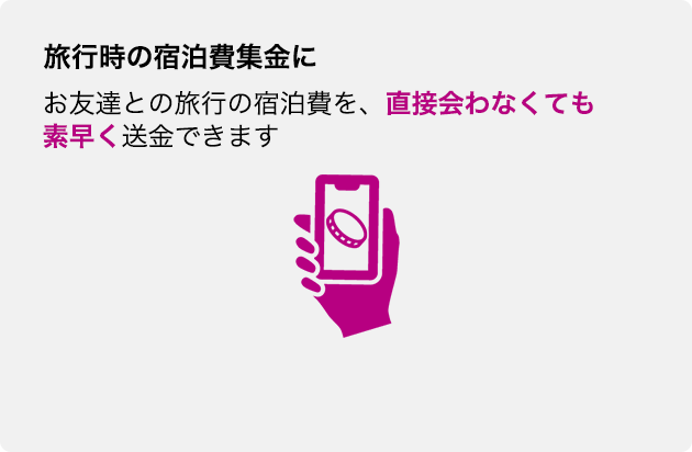 旅行時の宿泊費集金に お友達との旅行の宿泊費を、直接会わなくても素早く送金できます