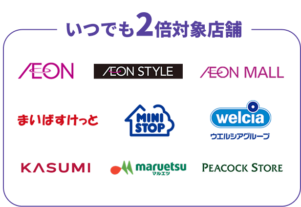 いつでも2倍対象店舗 AEON AEON STYLE AEON MALL まいばすけっと MINISTOP welcia ウェルシアグループ KASUMI maruetsu PEACOCK STORE