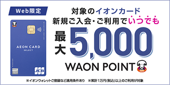 Web限定 対象のイオンカード新規ご入会・ご利用でいつでも最大5,000WAON POINT ※イオンウォレットご登録など適用条件あり ※累計1万円(税込)以上のご利用が対象