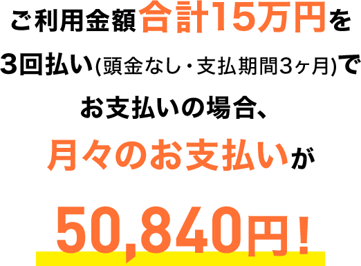 ご利用金額合計15万円を3回払い(頭金なし・支払期間3ヶ月)でお支払いの場合、月々のお支払いが50,840円!