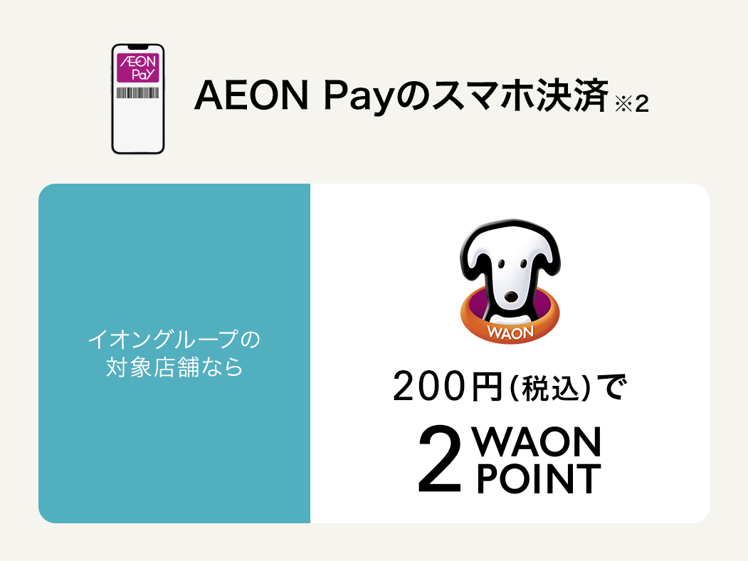 AEON Payのスマホ決済 イオンカード払い イオングループの対象店舗なら200円(税込)で2WAON POINT チャージ払い イオングループの対象店舗なら200円(税込)で1WAON POINT