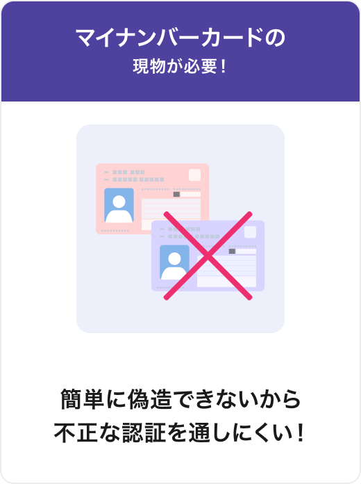 No.1 マイナンバーカードの現物が必要 簡単に偽造できないから不正な認証を通しにくい