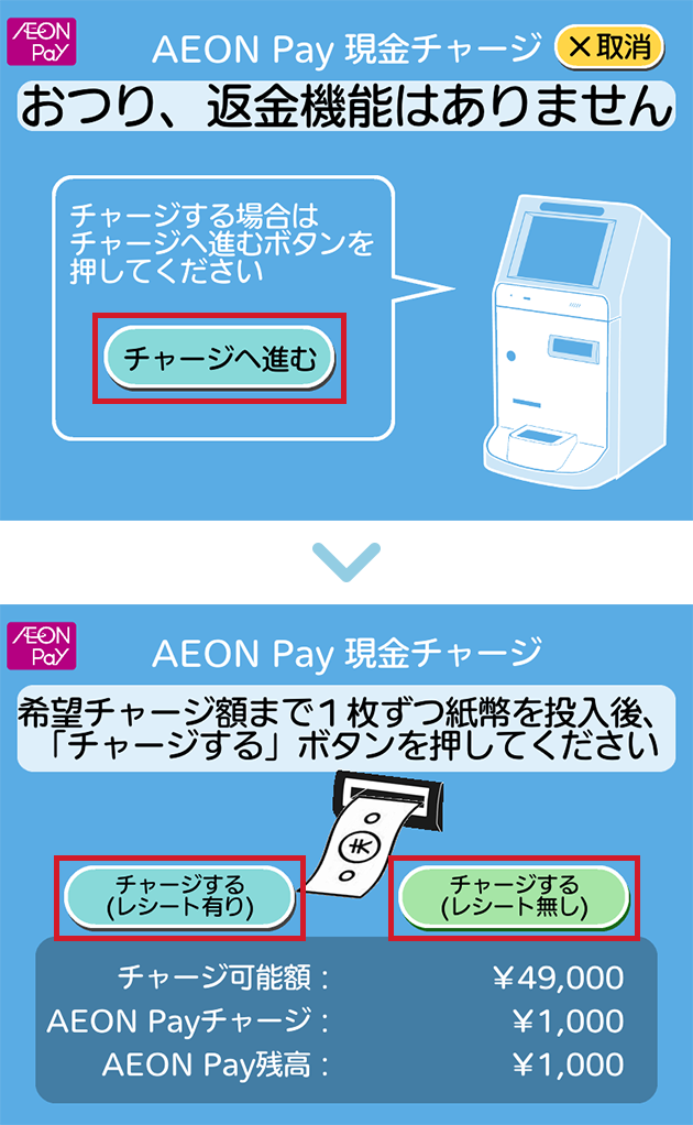 AEON Pay 現金チャージ 取消 おつり、返金機能はありません チャージする場合はチャージへ進むボタンを押してください チャージへ進む ▶ AEON Pay 現金チャージ 希望チャージ額まで1枚ずつ紙幣を投入後、「チャージする」ボタンを押してください チャージする(レシート有り) チャージする(レシート無し) チャージ可能額:¥49,000 AEON Payチャージ:¥1,000 AEON Pay残高:¥1,000