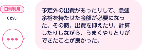 日常利用 Cさん 予定外の出費があったりして、急遽余裕を持たせた金額が必要になった。その時、出費を抑えたり、計算したりしながら、うまくやりとりができたことが良かった。
