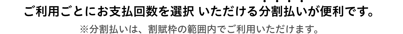 ご利用ごとにお支払回数を選択 いただける分割払いが便利です。※分割払いは、割賦枠の範囲内でご利用いただけます。