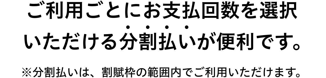 ご利用ごとにお支払回数を選択 いただける分割払いが便利です。※分割払いは、割賦枠の範囲内でご利用いただけます。