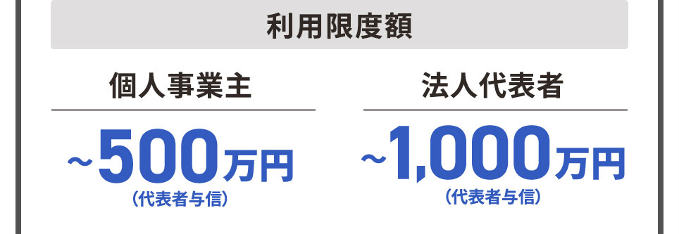 利用限度額 個人事業主さま ~500万円まで（代表者与信） 法人代表者さま ~1,000万円まで（代表者与信）