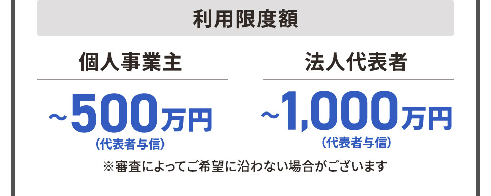 利用限度額 個人事業主 ~500万円まで（代表者与信） 法人代表者 ~1,000万円まで（代表者与信） ※審査によってご希望に沿わない場合がございます