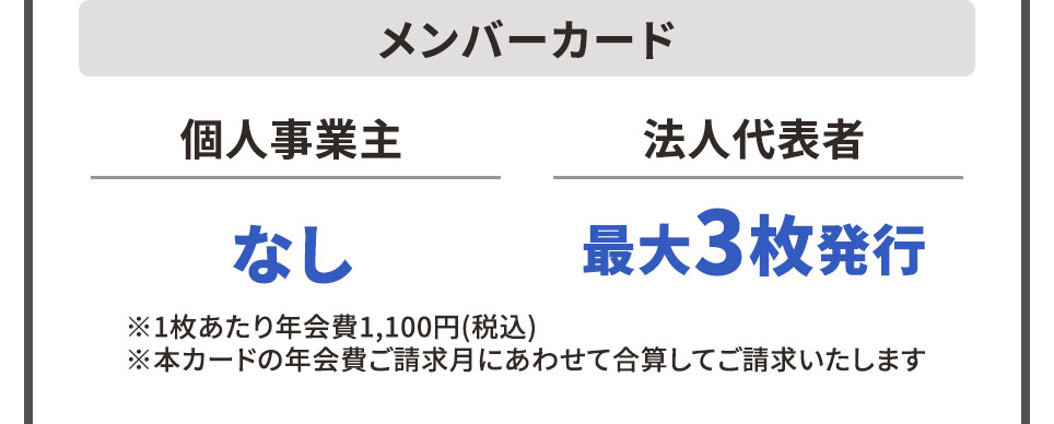 メンバーカード 個人事業主 なし 法人代表者 最大3枚発行 ※1枚あたり年会費1,100円（税込） ※本カードの年会費ご請求にあわせて合算してご請求いたします
